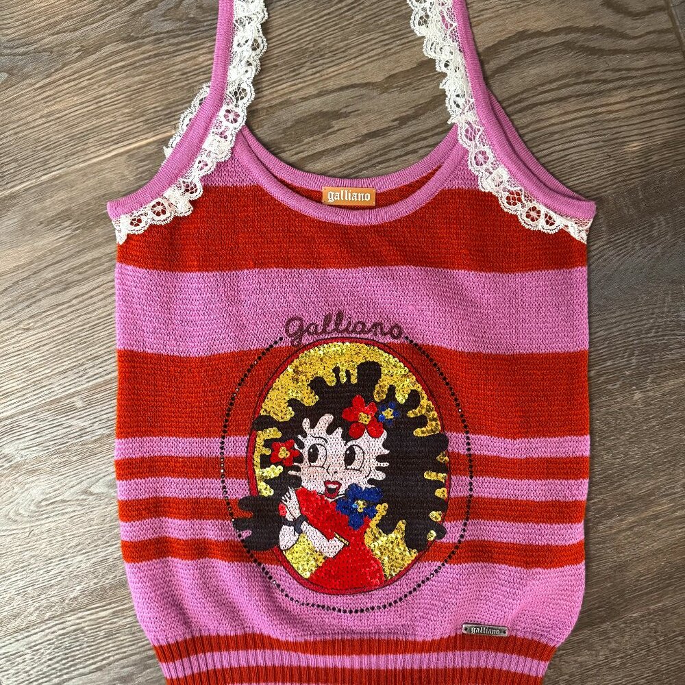 Vintage John Galliano Pink & Red Knit Tank with Lace Trim